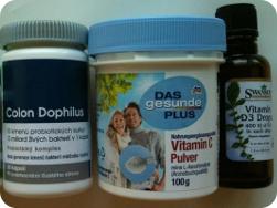 Probiotika pro dospělé, čistý práškový vitamín C a vitamín D v olivovém oleji